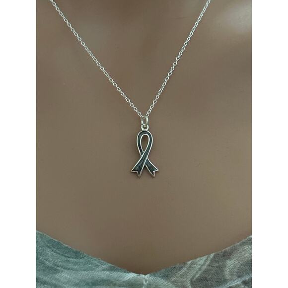 Sterling Silver Grey Awareness Ribbon Necklace - Picture 1 of 7